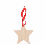 Drewniana zawieszka w kształcie gwiazdy z czerwonym uchwytem.. Gadżet reklamowy dla firmy.