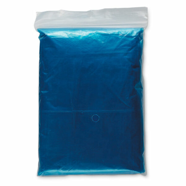 plastikowe poncho przeciwdeszczowe z dołączonym kapturem. Pakowane w przezroczystą torebkę foliową.. Gadżet reklamowy dla firmy.