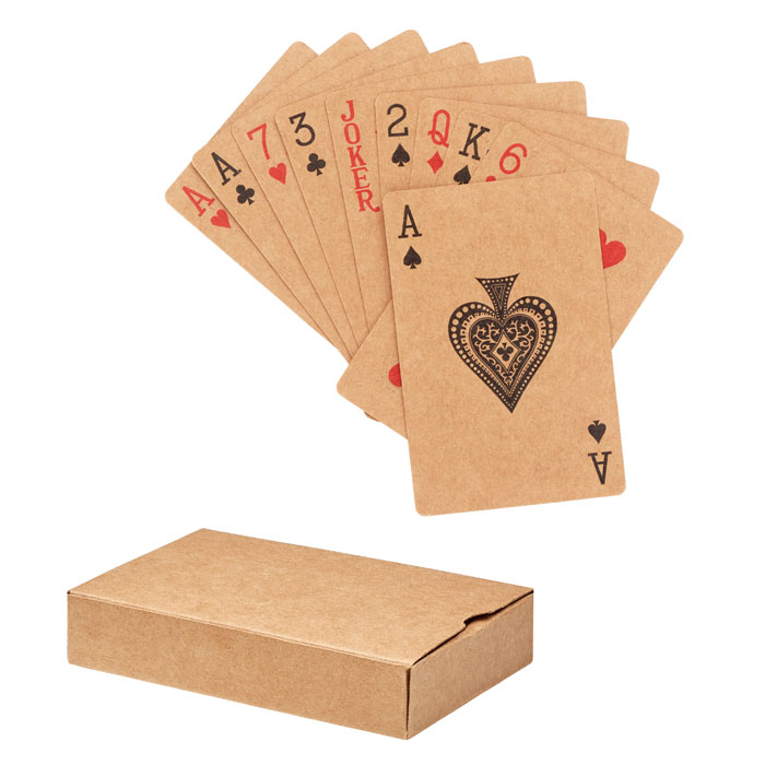 Klasyczne karty do gry z papieru z recyklingu w papierowym pudełku. 54 karty.. Gadżet reklamowy dla firmy.