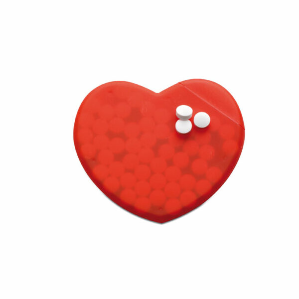 Miętówki w plastikowym dozowniku w kształcie serca. Pojemność: 12 g.. Gadżet reklamowy dla firmy.