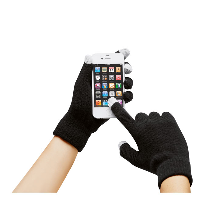 akrylowe rękawiczki do smartfona. Na 3 palcach specjalna powłoka wykonana w 30% z włókien ze stali nierdzewnej.. Gadżet reklamowy dla firmy.
