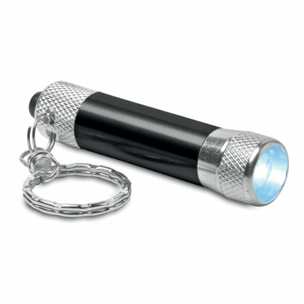 Aluminiowy brelok - latarka z  1 diodą LED. Dołączone 4 baterie LR44.. Gadżet reklamowy dla firmy.