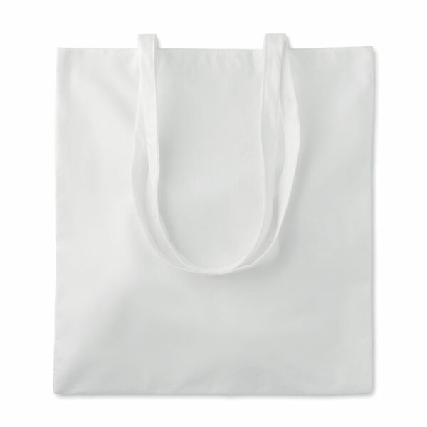 Bambusowa torba na zakupy z długimi uchwytami. 105 gr/m2. Wykonane zgodnie z certyfikowanym standardem dotyczącym stosowania szkodliwych substancji w tekstyliach.. Gadżet reklamowy dla firmy.