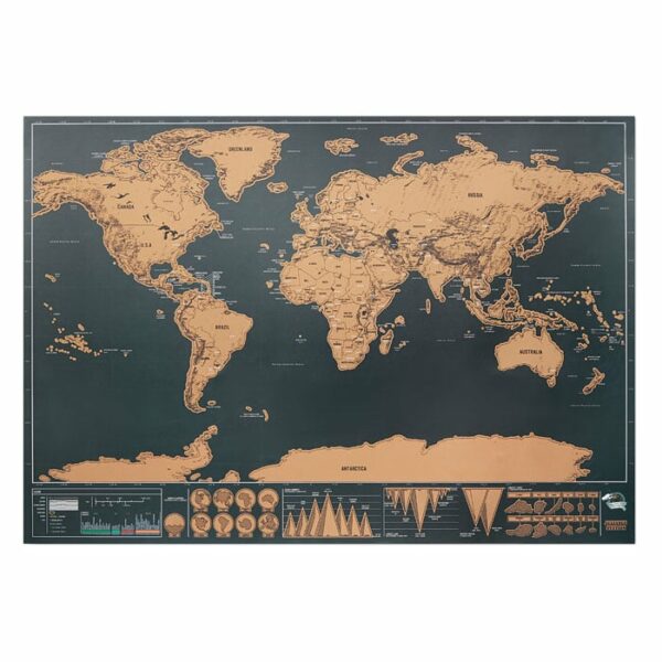 Mapa świata w formie zdrapki z chromowanego papieru. Zapakowana w papierową tubę. Wymiary mapy: 42x30 cm.. Gadżet reklamowy dla firmy.