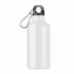 Aluminiowa butelka jednowarstwowa z karabińczykiem. 400 ml. Znakowanie sublimacją jest możliwe tylko na białych produktach. Szczelna.. Gadżet reklamowy dla firmy.