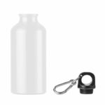 Aluminiowa butelka jednowarstwowa z karabińczykiem. 400 ml. Znakowanie sublimacją jest możliwe tylko na białych produktach. Szczelna.. Gadżet reklamowy dla firmy.