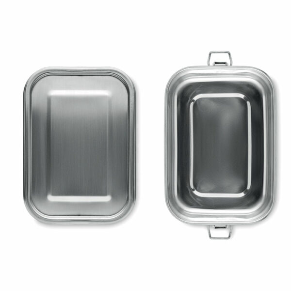 Lunchbox ze stali nierdzewnej z mocnymi bocznymi klamrami zapewniającymi szczelne zamknięcie. Pojemność 750 ml. Gadżet reklamowy dla firmy.