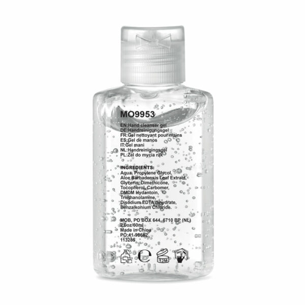 Żel do mycia rąk w butelce PET z klapką. Pojemność 60 ml. Preparat bezalkoholowy. Ten produkt jest klasyfikowany jako kosmetyk.. Gadżet reklamowy dla firmy.