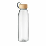 Szklana butelka z bambusową pokrywką i uchwytem z TPU.  Nie nadaje się do napojów gazowanych. Pojemność: 500 ml. Szczelny.. Gadżet reklamowy dla firmy.