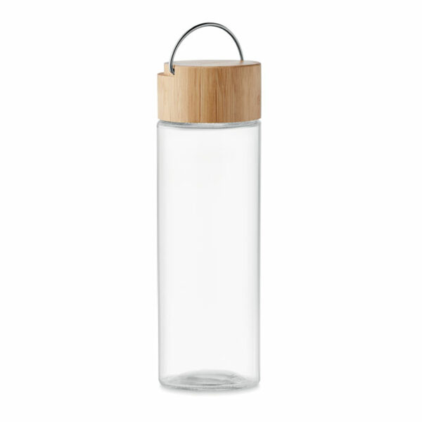 Szklana butelka z bambusową pokrywką z uchwytem. Pojemność: 500 ml. Szczelna.. Gadżet reklamowy dla firmy.
