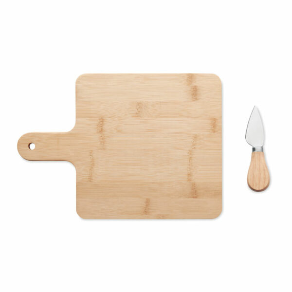 Bambusowa deska do serwowania serów z nożem.. Gadżet reklamowy dla firmy.