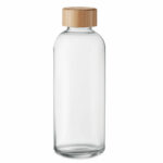 Szklana butelka z bambusową pokrywką. Pojemność 650 ml.. Gadżet reklamowy dla firmy.