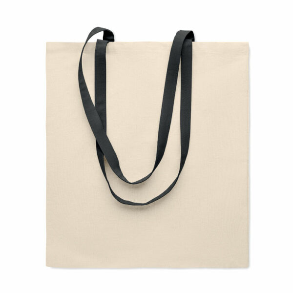 Bawełniana torba na zakupy z kolorowymi długimi uchwytami. 140 gr/m².. Gadżet reklamowy dla firmy.