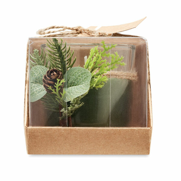 Szklany świecznik (120 gr) z aranżacją leśną. Zapakowany w karton i pudełko PVC
