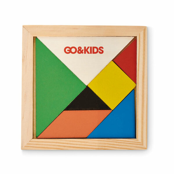 Kolorowa drewniana gra logiczna tangram. 7 elementów.. Gadżet reklamowy dla firmy.