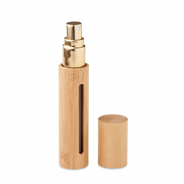 Mini butelka z atomizerem do napełniania perfumami z bambusową obudową. Pojemność: 10 ml.. Gadżet reklamowy dla firmy.