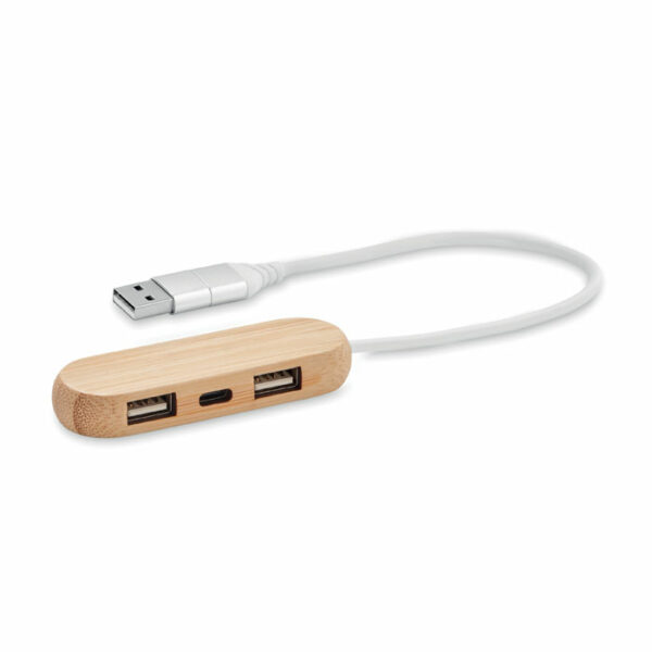 3 portowy 2.0 Typ-C USB hub w bambusowym etui. Długość kabla 24 cm.. Gadżet reklamowy dla firmy.