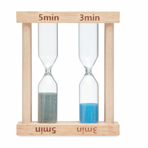 Drewniany zegar piaskowy z dwoma klepsydrami (ok. 3 i 5 minut).. Gadżet reklamowy dla firmy.