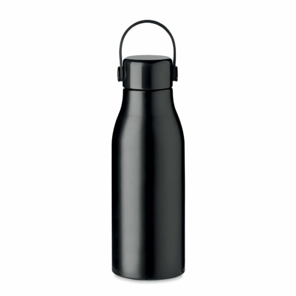 Jednościenna butelka z aluminium z zakrętką z ABS i silikonową zawieszką. Pojemność 650 ml.. Gadżet reklamowy dla firmy.