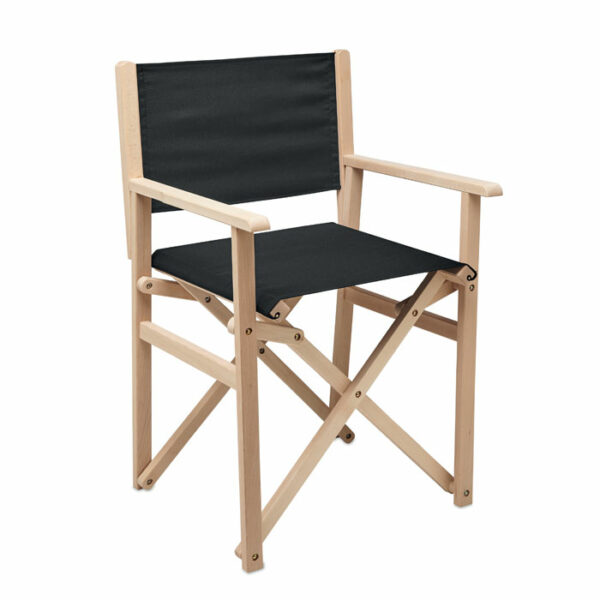 reżyserskie krzesło drewniane na plażę/kamping ze zdejmowanym siedziskiem z tkaniny poliestrowej. Max: waga 80 kg. Wyprodukowano w UE. Ten przedmiot może być dostarczony tylko w wielokrotności opakowania zewnętrznego zawierającego 2 szt. Gadżet reklamowy dla firmy.
