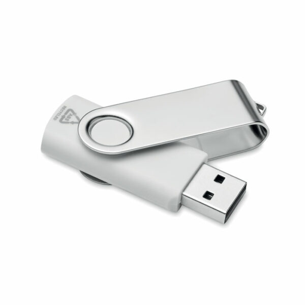 Pamięć USB 2.0 o pojemności 16 GB z ABS z recyklingu z ochronną osłoną i z białym wykończeniem. Obróć metalową osłonę i podłącz do portu USB.. Gadżet reklamowy dla firmy.