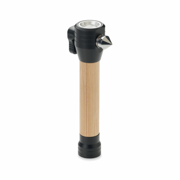 Latarka bambusowa 3 w 1 z młotkiem bezpieczeństwa i przecinakiem do pasów bezpieczeństwa. Posiada magnetyczną podstawę. Moc wyjściowa: 60 lumenów. 2 baterie AAA nie są dołączone. Bambus jest produktem naturalnym