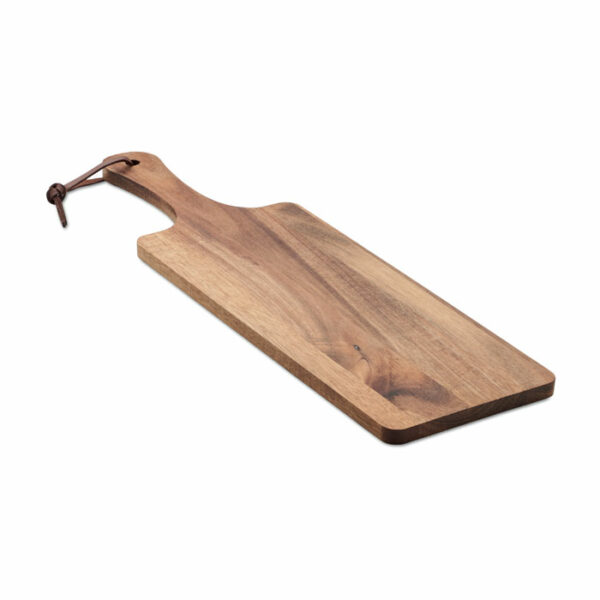 Deska do serwowania z drewna akacjowego z uchwytem i sznurkiem z PU. Drewno jest produktem naturalnym