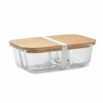 Lunch box ze szkła borosilikatowego z 3 przegródkami, bambusową pokrywką i silikonową opaską