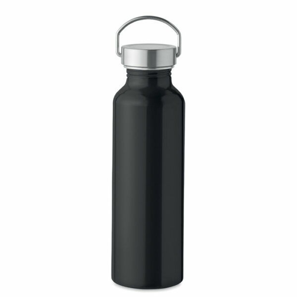 Butelka z aluminium pochodzącego z recyklingu z zakrętką z uchwytem ze stali nierdzewnej. Szczelna. Pojemność: 500 ml.. Gadżet reklamowy dla firmy.