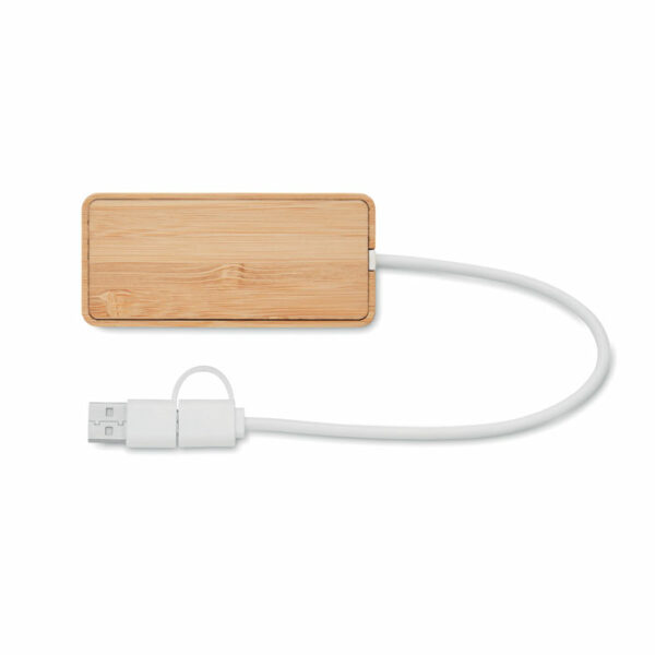 3-portowy hub USB-C/A w bambusowej obudowie. Wyjście: 2 x Type-A i 1 x Type-C. Wejście: 2 w 1 Typ-C i Typ-A. Długość kabla: 20 cm.. Gadżet reklamowy dla firmy.