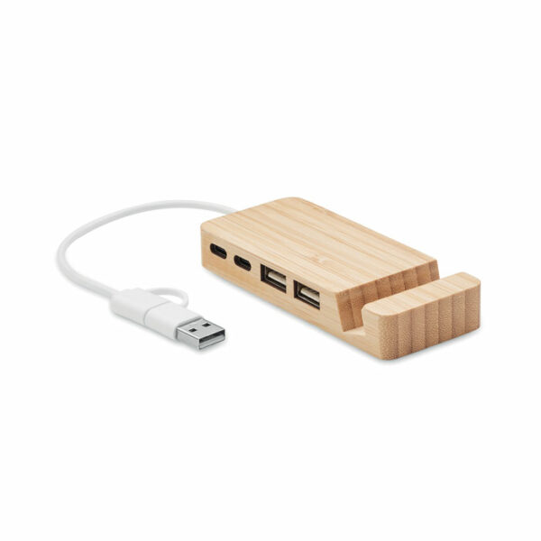 4-portowy hub USB-C/A w bambusowej obudowie. 2 x Typ-C i 2 x Typ-A. Wyjście: 2 x Type-A i 2 x Type-C. Wejście: 2 w 1 Type-C i Type-A. Długość kabla: 20 cm.. Gadżet reklamowy dla firmy.