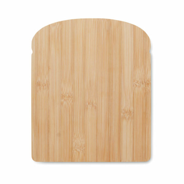Bambusowa deska do krojenia w kształcie chleba z wyżłobieniem wokół krawędzi.. Gadżet reklamowy dla firmy.